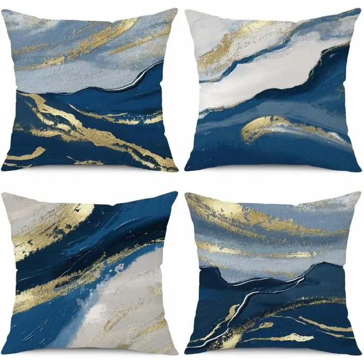 Fundas De Almohada Decorativas, paquete de 4, 18x18 pulgadas, color Azul Marino y Dorado, 45x45 cm, fundas de almohada cuadradas de Lino - 1