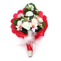 Ramo de Flores Artificiales de Tela para Cementerio arcoirsl - Composición de Rosa Dalia Blanca - Medidas 65 X 45 cm aprox - Ideal para Todos los Santos - Resistente a Intemperie y Duradero - Disponible con Envoltorio en Varios Colores - details 0