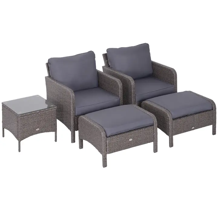 Outsunny 5 uds. Muebles de jardín de poliratán, grupo de asientos, juego de jardín, sofá, salón con cojines, gris oscuro, 2 sillones, 1 mesa de centro, 2 taburetes - 1