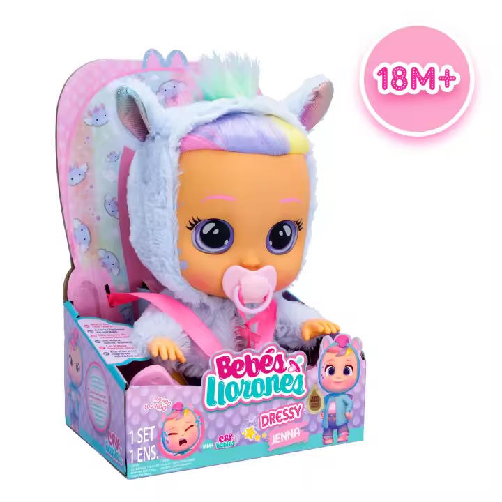 Bebes Llorones Dressy Fantasy Jenna, Muñeca Interactiva que Llora de Verdad con Pelo a Peinar, Ropa para Vestir y Accesorios, Juguete y Regalo para niños y niñas +1 Año - 1
