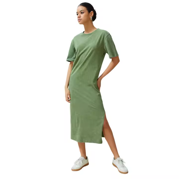 Trendyol Black Plain T-Shirt Dress 100% Cotton Slit Detail Shift/Casual Fit Midi Twoss24El00140 - 1
