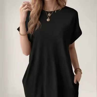 Vestido Corto Casual De Color Sólido Con Mangas En Forma De Murciélago Y Bolsillo Invisible Para Mujer Vestido De Verano De Polyester - 1