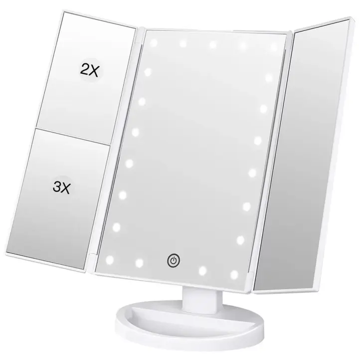 Espejo Maquillaje, 2X/3X/10X Espejo de Maquillaje de Tres Pliegues con Pantalla Táctil Ajustable y 24 Luz LED Espejo Iluminado Tocador Espejos Cosméticos de Encimera (negro) - 1