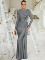 Vestido Maxi Dulzura Elegante Y Sólido Con Hombros Acentuados Y Cintura Definida Para Fiesta De Noche Mujer Otoño Invierno - details 25