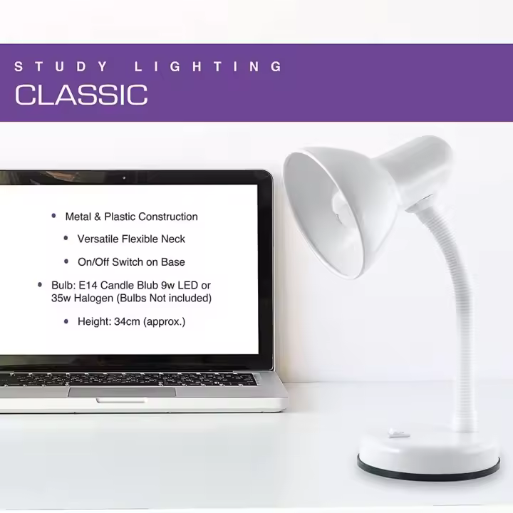 Lámpara de escritorio Lexi con cuello flexible versátil - Interruptor de encendido y apagado integrado - Altura aproximada de 34 cm - L958WH - Blanco diamante - 1