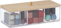 Caja de Almacenamiento cosmético Organizador Maquillaje Tapa Bambú, 3 Compartimientos, Plástico, Almacenamiento Goma Cabello, Transparente y Natural, 7,5x23x9,5 cm aprox - details 0