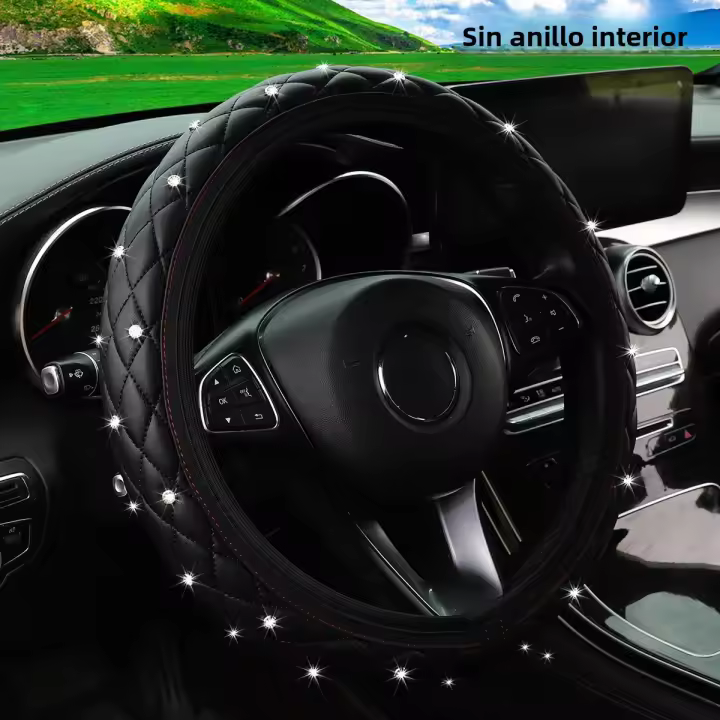 Cubierta De Volante De Coche De Cuero PU Con Diamantes Bordados Estéreo Para 14.5-15 Pulgadas Suministros Automotrices Brillantes - 1