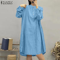 ZANZEA Vestido De Camisa Para Mujer Estilo Vintage Cuello En Pie Botones Manga Larga Casual Longa Suelta Mini Vestido Manga Larga Estilo Vintage Para Otoño Con Bolsillos - details 3