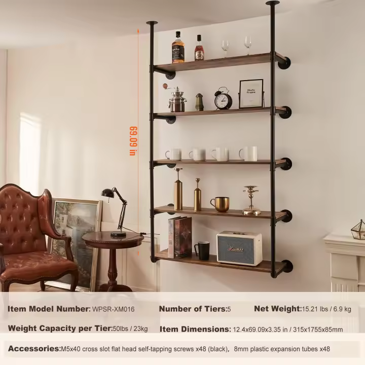 SucceBuy Estante para tuberías industriales, montaje en pared, almacenamiento, cocina, dormitorio, baño, sala de estar - 1