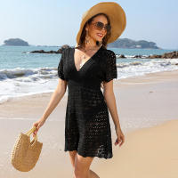 Mini vestido de playa de ganchillo con cuello en V, cubierta de punto de manga corta para mujer, túnica ligera de verano para traje de baño - details 8