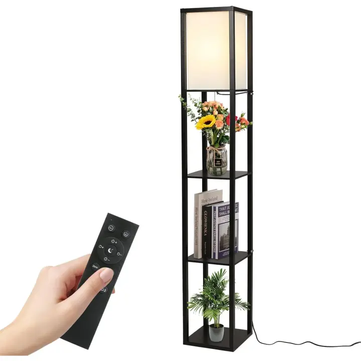 Lámpara de pie de madera con Control Remoto con Estantes Decorativos, Atenuador Dimmer Continuo 3 Temperaturas de Color (Negro) - 1