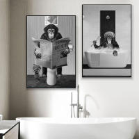 Póster de Mono de Baño Divertido JUBEER en Blanco y Negro Pintura en Lienzo de Animal de Baño Leyendo el Periódico Decoración de pared para el hogar - details 0