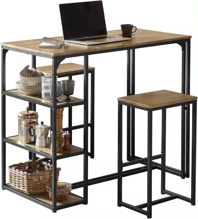 Juego de Mesa de Bar Alta y 2 Taburetes Diseño Elegante para Cocina, Comedor y Sala de Estar - 1