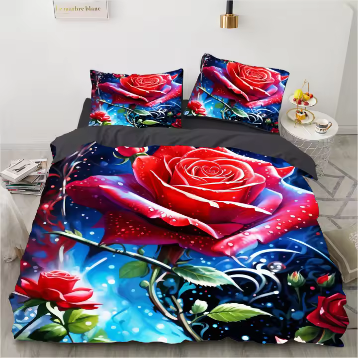 Elegante Funda de Edredón Floral Exótica Conjunto de Cama 3D Azul de Flores Retro para Dormitorio Bodas Rey-Reina - 1