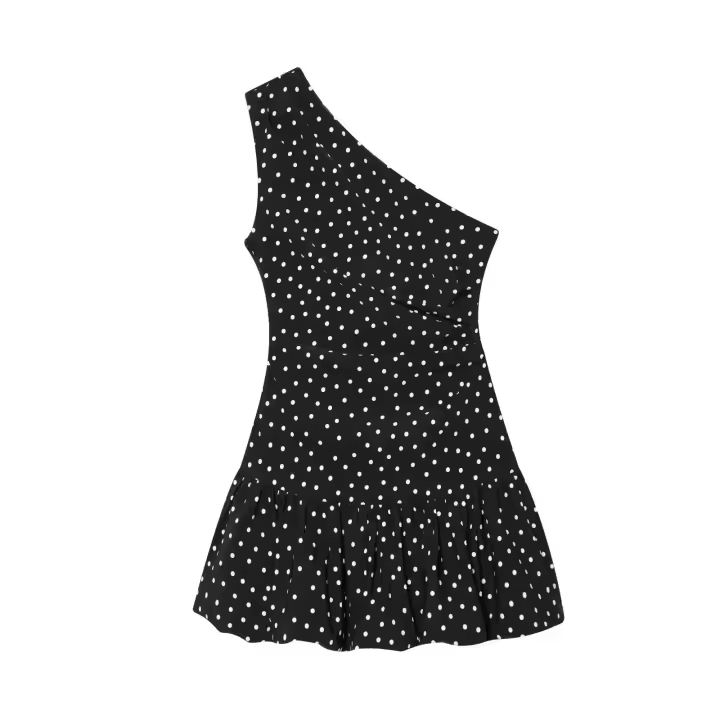 Ropa de mujer europea y americana falda corta de vestido de hombro inclinado de lunares de moda suave - 1