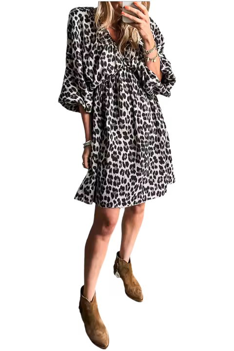 Elrachen Vestido de mujer con estampado de leopardo y cuello en V y manga abullonada, negro, tallas S-XL - 1
