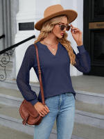 Camiseta holgada de manga larga para mujer, blusa informal de Color liso con costura de encaje y cuello en V, moda de primavera y otoño, 2023 - details 16