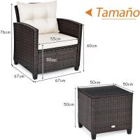 Conjunto de jardín exterior de ratán de 3 piezas, 1 mesa auxiliar de vidrio templado y 2 sillas con cojines, muebles de jardín terraza balcón exterior (negro) - details 49