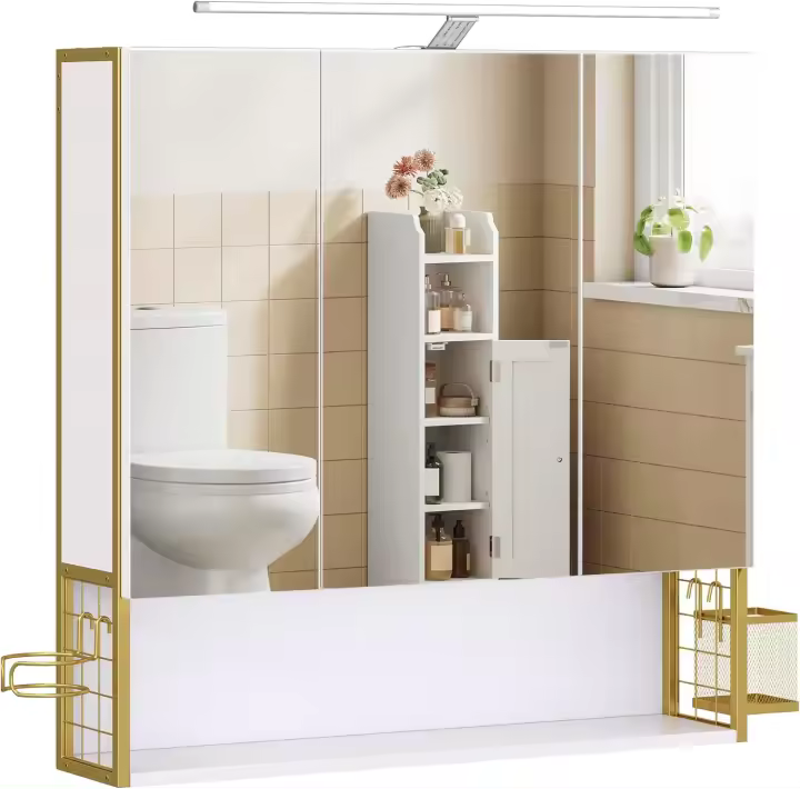 Armario de Baño con Luz LED, 16,5 x 70 x 75 cm, Toma Corriente, Cesta Colgante, Soporte para Secador, Mueble de Pared con Espejo, Blanco Nube BBK126W01 - 1
