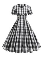 Elegante Vestido Rockabilly de Cintura Alta con Cuadros Blancos y Negros - details 1
