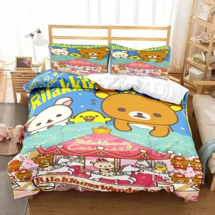 Juego de Ropa de Cama de Dibujos Animados Rilakkuma Oso Funda de Edredón, Funda de Almohada, Funda de Cama para Hombres, Mujeres, Niños Tamaño Rey, Reina - 1