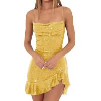 Mini vestido con dobladillo con volantes irregulares y tirantes finos de verano con lentejuelas azules dulces para mujer - details 6