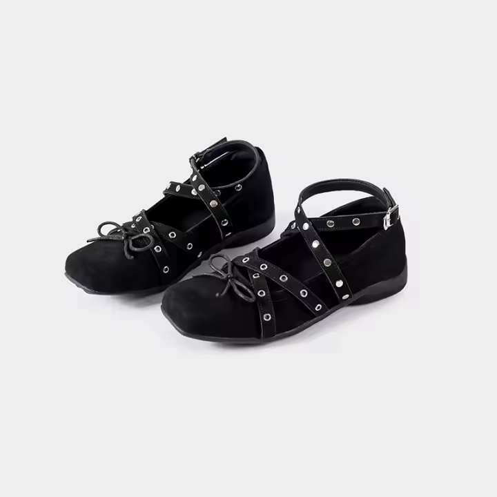 Arco rojo solo zapatos de las mujeres francés retro pequeños zapatos de cuero nuevo remache hebilla de cinturón pisos de ballet - 1