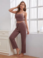 Conjunto de pijama de tres piezas para mujer, artículos para el hogar, top con tirantes de punto de oblea, pantalones largos, t, 2024 - details 14