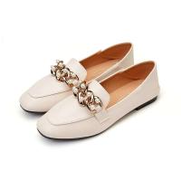 Mocasines de piel auténtica para mujer, cadena de tacón bajo, tacón grueso, tacones altos, zapatos de mujer antideslizantes con punta redonda, albaricoque de primavera - details 1