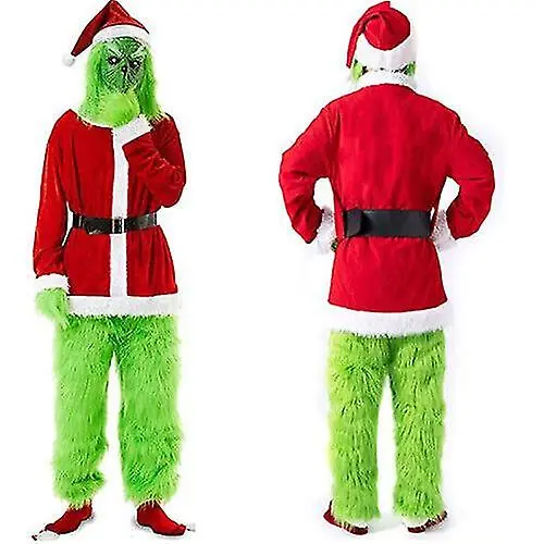 7pcs The Grinch Costume Christmas Cosplay Adult Santa Costume Outfits Set + Mask A - 1
