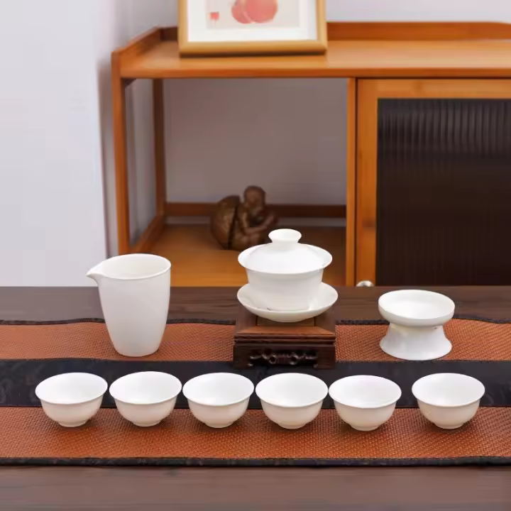 Dehua Sheep Fat Jade Cuenco de porcelana blanca con juego de regalo de té Kung Fu LOOG de negocios para el hogar al aire libre - 1