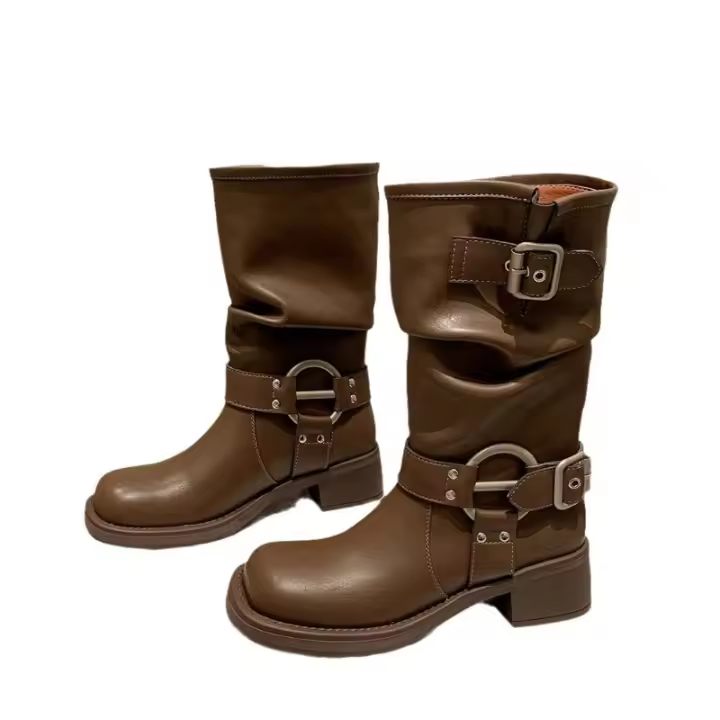 Botas de vaquero occidentales de cuero suave europeo y americano, botas de pila con hebilla de cinturón, botas medias, botas de caballero femenino, botas martin, botas femeninas - 1