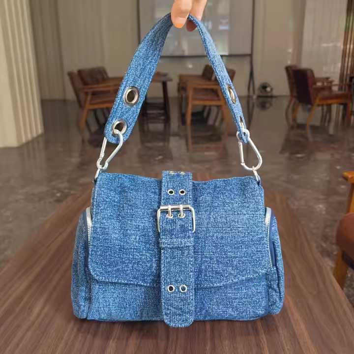 Bolso Bandolera de Mezclilla para Mujer, Bolso de Hombro con Remaches de Moda, Diseño de Marca, Bolso de Mano Femenino Azul - 1
