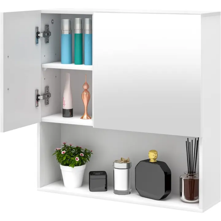 Mueble de Espejo Ajustable Estante con 4 Compartimentos Interiores y 1 Abierto MDF Blanco - 1