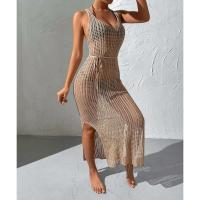Vestido informal semitransparente de punto para mujer, vacaciones en la playa, estilo europeo, sin mangas, con espalda abierta - details 6