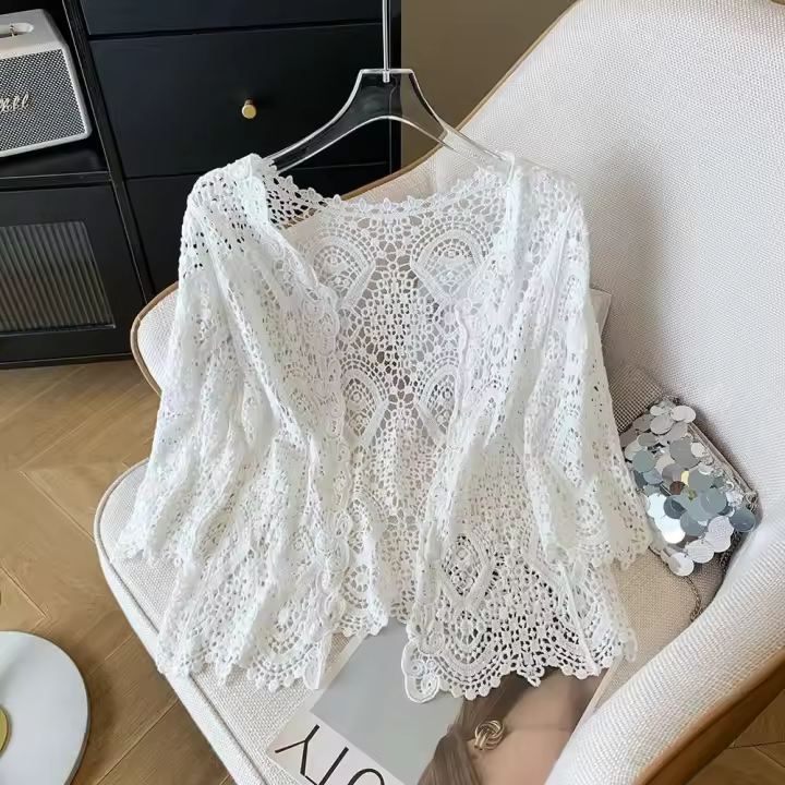Cardigan de Crochet Transparente Manga Corta, Abrete, Tops Cortos de Punto, Cubierta de Bikini, Temporada de Festival de Playa Boho - 1