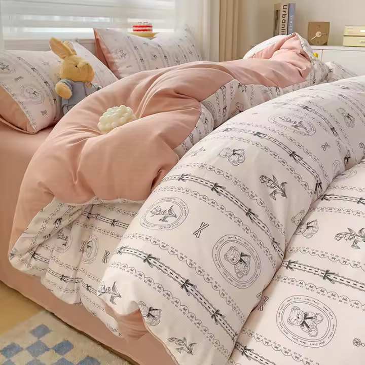 Juego de cama: Sábana ajustable de algodón lavado puro de cuatro piezas, funda de edredón, juego de tres piezas de cama individual para dormitorio de estudiantes: Sábana, funda - 1