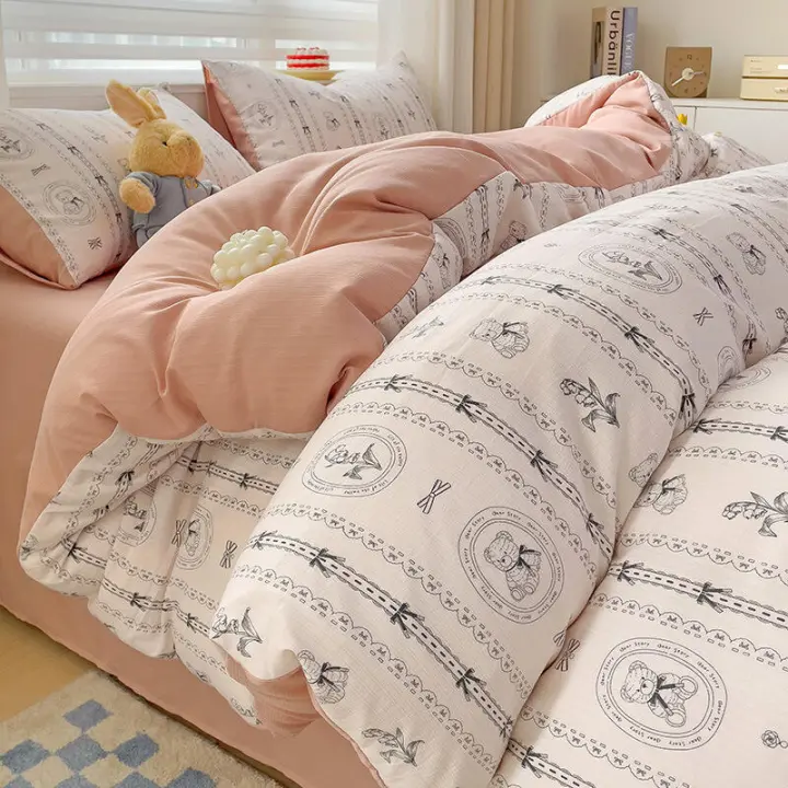 Juego de cama: Sábana ajustable de algodón lavado puro de cuatro piezas, funda de edredón, juego de tres piezas de cama individual para dormitorio de estudiantes: Sábana, funda - 1