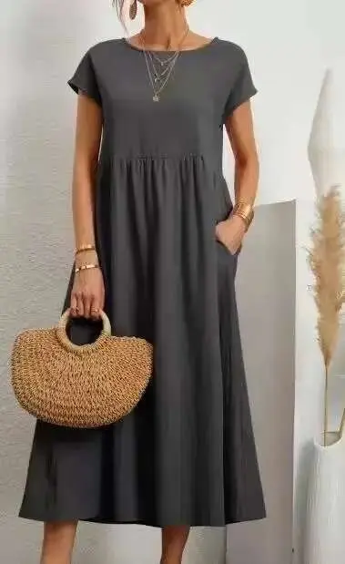 Vestido retro liso elegante de lino y algodón de manga corta con cuello redondo para mujer, vestido suelto informal de verano 2023 - 1