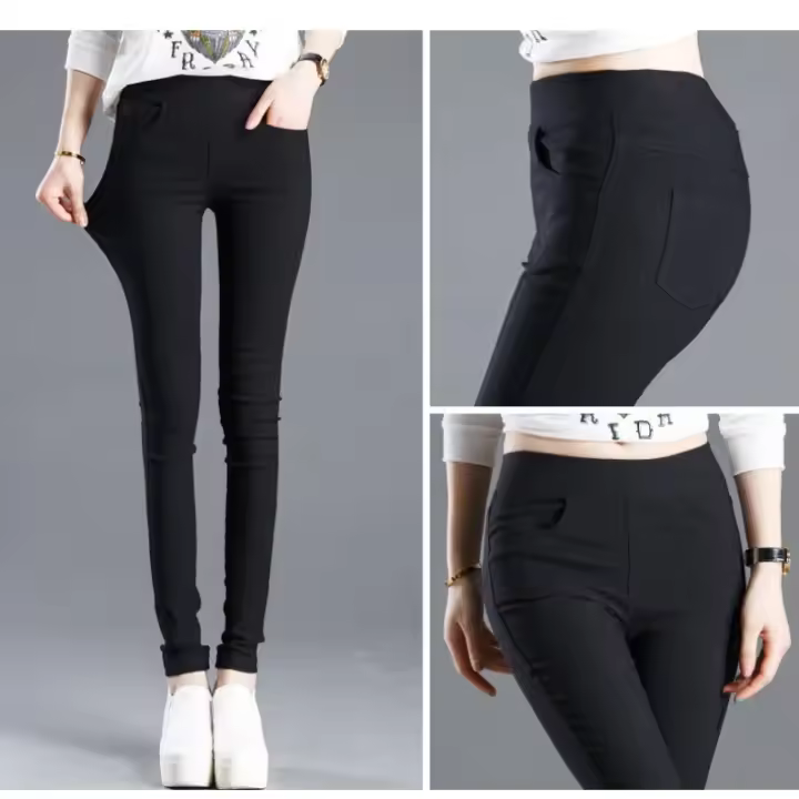 Pantalones de fondo de 4 bolsillos, pantalones largos finos de punto negro, lápiz de pie pequeño, estilo informal cómodo para mujer - 1