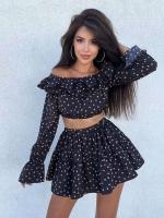 Marthaqiqi - Conjunto de pijama de lunares para mujer, top de manga larga con cuello diagonal, falda corta, pijama, Tre - details 2