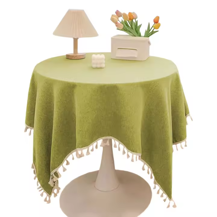 Mantel Redondo Impermeable Antimanchas con Flecos Estilo Rústico Elegante para Mesa de Centro o Comedor Decoración Campestre Moderna Fácil Limpieza (Algodón y Lino) - 1
