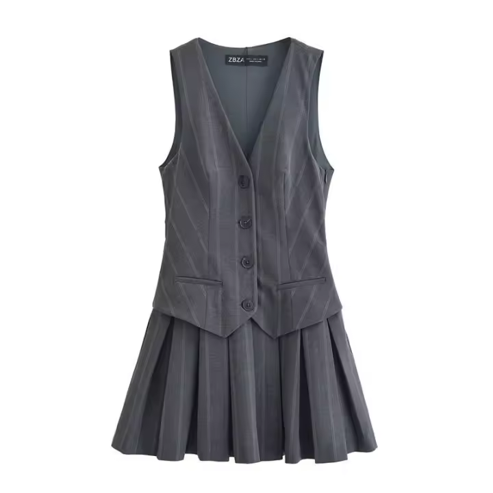 Elegante verano plisado SS para mujer, sin mangas, cuello en V, bolsillos, rayas grises - 1