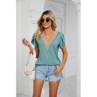 BUNO-2025 Camiseta holgada de manga corta con cuello en V para mujer, Top informal de encaje de Color puro, camiseta holgada cómoda y transpirable para verano - details 51