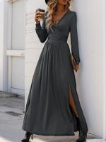 Elegante Vestido Largo de Encaje con Cuello en V Color Sólido para Mujeres - details 1