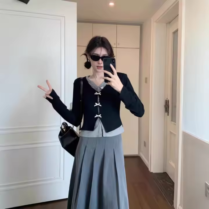Elegante Conjunto de Dos Piezas de Viscosa Diseño de Otoño Temprano Cintura Alta Ajuste Delgado - 1