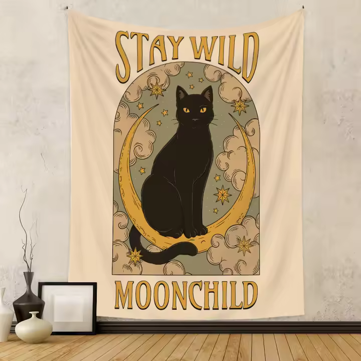 Tapiz de Tarot de Gato Sol, Luna, Colgante de Pared, Tarot Retro, Gato Blanco y Negro, Estrella de Amor Psicodélica para Sala de Estar, Hogar, Dormitorio - 1