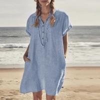 L-5XL de algodón y lino para mujer, vestido holgado de manga corta con botones y bolsillos de solapa, Color liso, talla grande, Verano - details 3