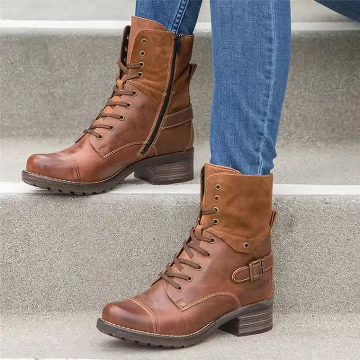 Botas cortas de tacón alto para mujer Bo, botas informales con tiras cruzadas en punta redonda, novedosas para otoño e invierno - 1