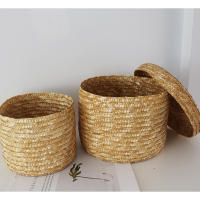 Caja de almacenamiento tejida de paja hecha a mano Circular con tapa, cesta de flores para aperitivos y cosméticos, organizador de maquillaje, 1 piezas - details 11